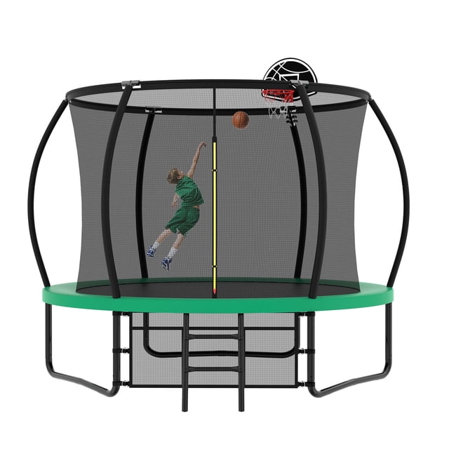 UIOWIO 10 ft recreational trampoline for kids and adults, featuring a green pumpkin-shaped design with a basketball hoop, ladder, and enclosure net. The trampoline includes six curved foam-wrapped safety poles, three W-shaped support legs, and a UV-resistant polypropylene jump mat. Designed for outdoor use, it has a maximum weight capacity of 880 lbs and measures 120 inches in diameter and 98 inches in height. A child is shown jumping towards the basketball hoop, highlighting its fun and interactive features.