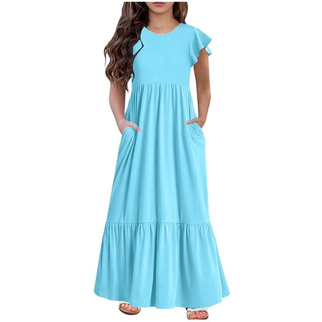Huvoen Robes Mignonnes pour Femmes Été Mode Filles Été Nouvelles Manches Courtes Col Rond Robe de Couleur Unie Bleu 160