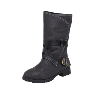 XZNGL Women Shoes Fashion Belt Buckle Solid Color Anti-skid Mid Heels Casual Warm Wear-resistant Slip-on Fleece Cowboy Boots
