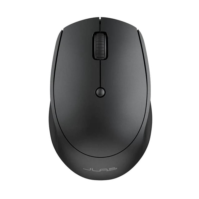 JLab Go Mouse Wireless Black shown from a top-down view with a matte black finish, featuring a scroll wheel and silent click buttons, designed for ergonomic comfort and Bluetooth wireless connectivity, suitable for seamless switching between devices.