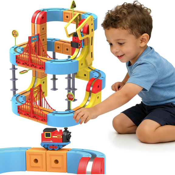 88 pcs Magnetic Electric Train Set with 3D Magic Cube Track - Buildable Race Car Tracks for Kids Ages 4-8, STEM Learning Gift