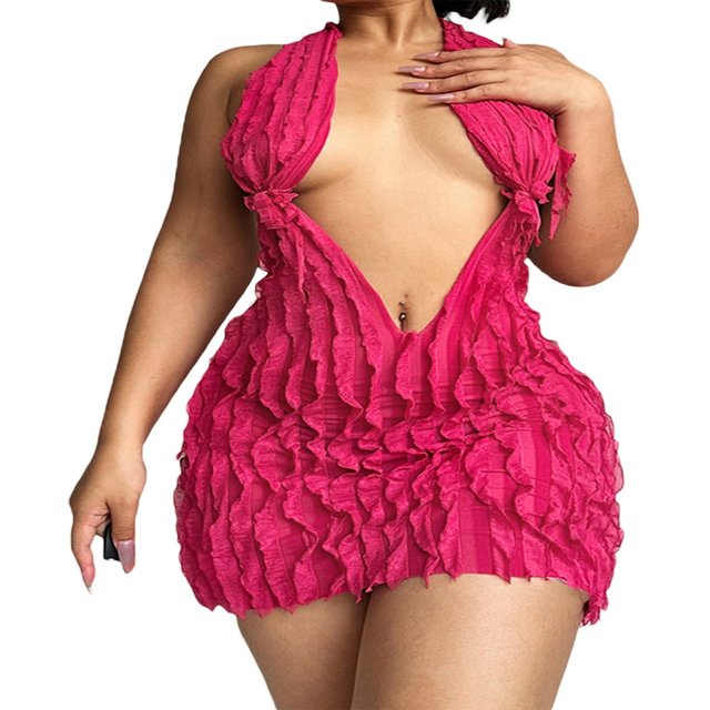 Robe Sans Manches à Col Halter pour Femmes, Col en V Profond, Dos Nu, Volants Plissés, Mini Robe de Soirée