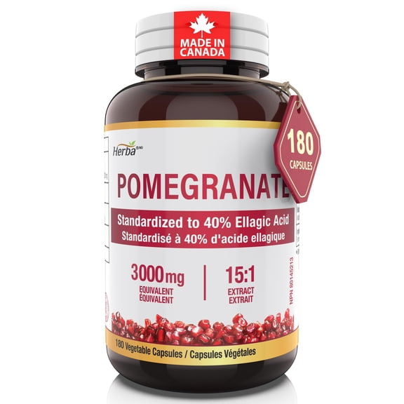 Herba Pomegranate Supplement 3000mg – 180 Capsules | 40% Ellagic Acid | 15:1 Extract from 200mg Equivalent to 3,000mg Pomegranate Powder | Made in Canada