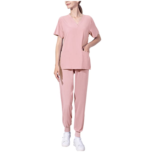 Pisexur Women's Solid Stretch Medical Uniform Scrub Set, V Neck, Short Sleeve, Small