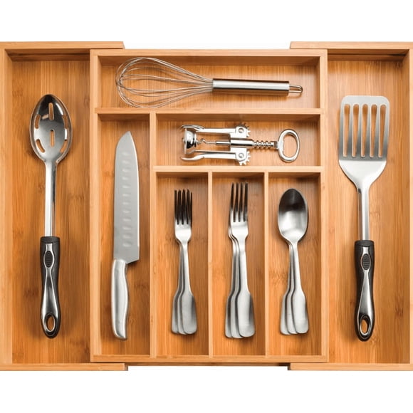 DRHACE-Bamboo kitchen drawer organizer - cutlery rack, knife and fork tray, 8-compartment wooden kitchen storage drawer organizer