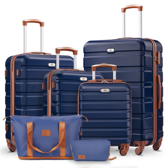 Gowill Ensemble de Bagages 6 Pcs, Valise Rigide Légère en ABS de 16/20/24/28 Pouces avec Sac de Voyage Extensible (Bleu Marine et Beige)