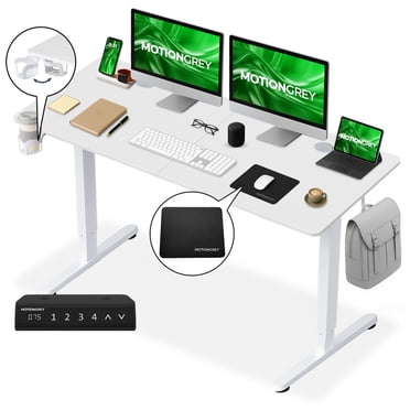MotionGrey - Bureau Debout Électrique Ergo2 avec Tapis de Souris, Clavier à Mémoire à 4 Préréglages, Dessus Blanc 55” x 24”, Cadre Blanc – Bureau Ergonomique Réglable pour la Maison et le Bureau