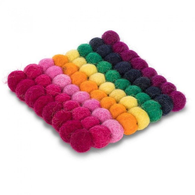 Set of 4 Square Rainbow Stripe Pompom Trivet