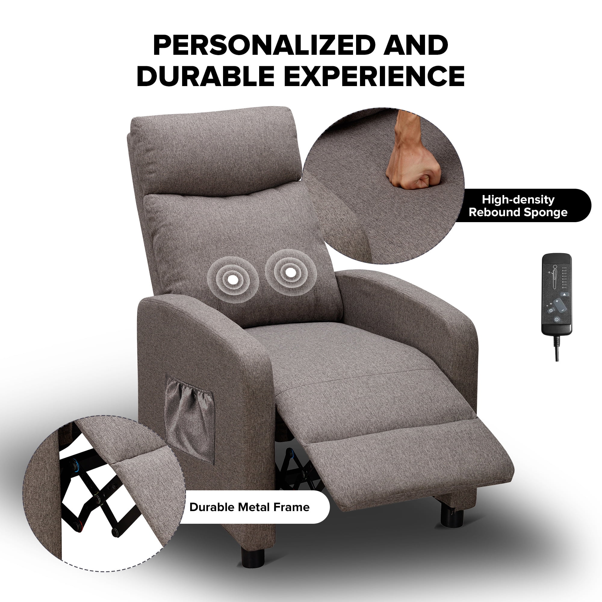Fauteuil inclinable de massage Comhoma en tissu avec repose-pieds, gris, à inclinaison par poussée arrière