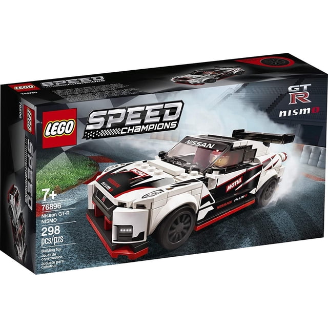 LEGO Speed Champions Nissan GT-R NISMO 76896 Toy Model Cars Building Kit Featuring LEGO Minifigure, New 2020 (298 Pieces) front-facing build of the 298-piece LEGO Speed Champions building set showing the Nissan GT-R NISMO replica with a collectible minifigure in a Nissan racing suit; low-slung silhouette, printed NISMO decals, red-and-black livery, clear windshield, stud-and-tile construction and rubber-like tires on a plain white background, measures about 1" (5 cm) high and 6" (16 cm) long, often used for display or tabletop racing.
