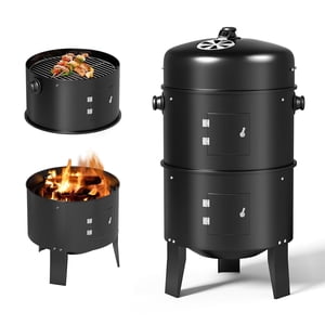 KingChii 3 en 1 Grill de fumée au charbon vertical BBQ Fumeur pour le plein air, Patio Camping arrière, Noir