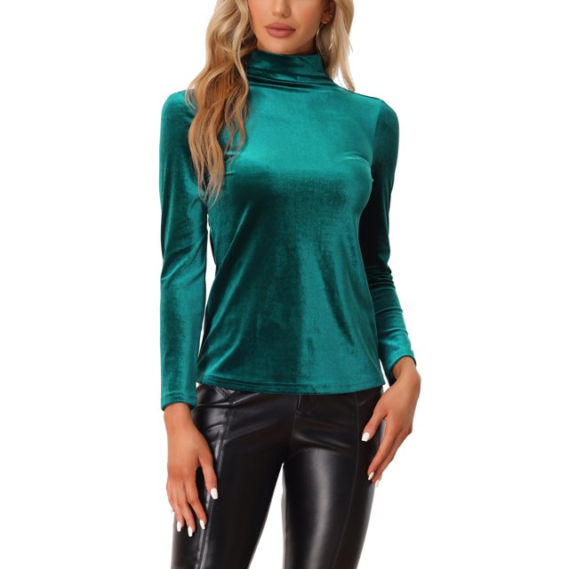 INSPIRE CHIC Chemise à Manches Longues pour Femme Col Montant en Velours Extensible Col Roulé Blouse Basique Hauts Vert P