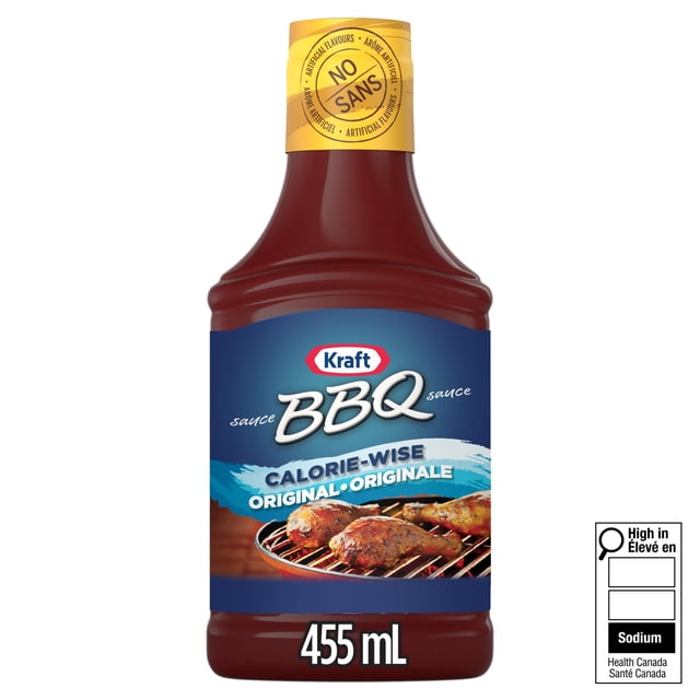 Kraft BBQ Sauce Light, casein-free, 455 mL bottle with a blue label featuring grilled chicken drumsticks, marked calorie-wise and free of artificial flavours, ideal for bulk grocery sauces and seasoning in Canadian pantries.