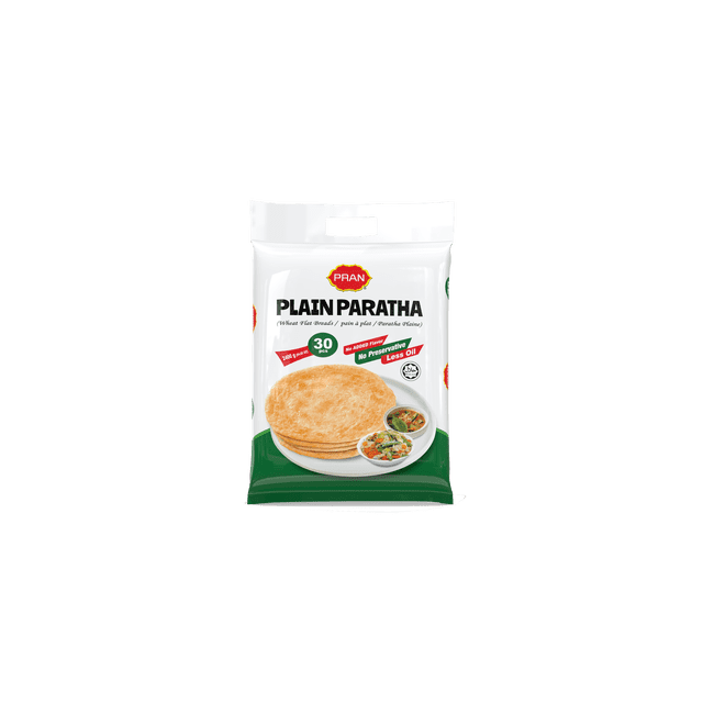 Pran Plain Paratha (30 Pc) package showing stacked soft, flaky wheat flatbreads on a white plate with small bowls of vegetable curry and salad, in a white and green bag labeled no added flavor, no preservatives, and less oil, ideal for easy cooking and family meals and suitable as a base for wraps.