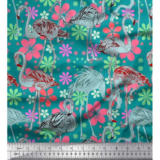 Soimoi Rayon Fabric Floral & Flamingo Bird Print Fabric by The Yard 42 Inch Wide