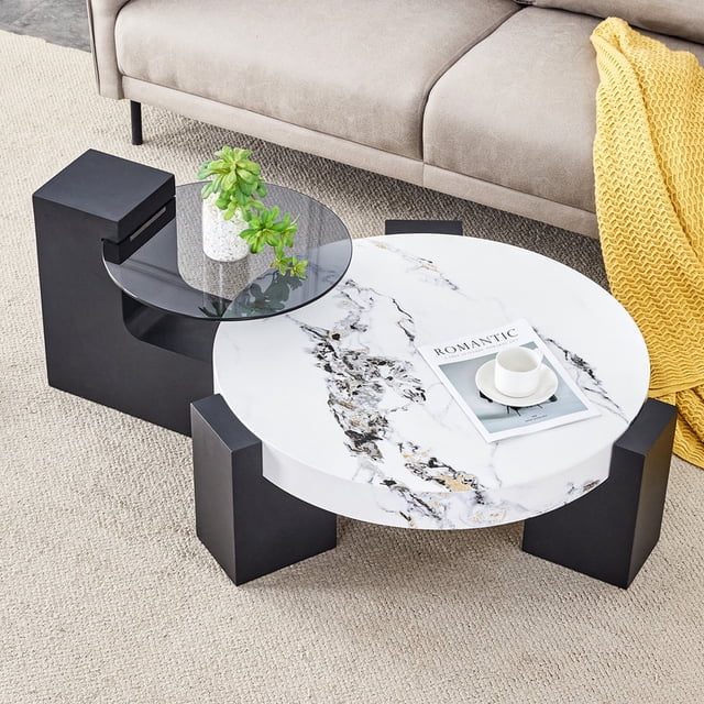 Detachable Combination Coffee Table with MDF Wood Grain & White Glass Top, Multi-Functional Design Can Serve As Coffee Table or 2 Individual Side Tables for Living Room