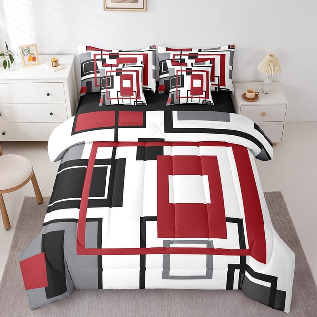 YST Red Black White Grey Bedding Set Queen For Kids Boys Teen,Geometric Square Comforter Set With Sheets Geometry Striped 7 Piece Bed In A Bag Modern Abstract Bed Set Farmhouse Bedding