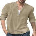 thumbnail image 1 of Men‘s Henley Shirt  Solid Color Long Sleeve Stand Collar Button-Down Loose Simple Linen Beach Tops, 1 of 4