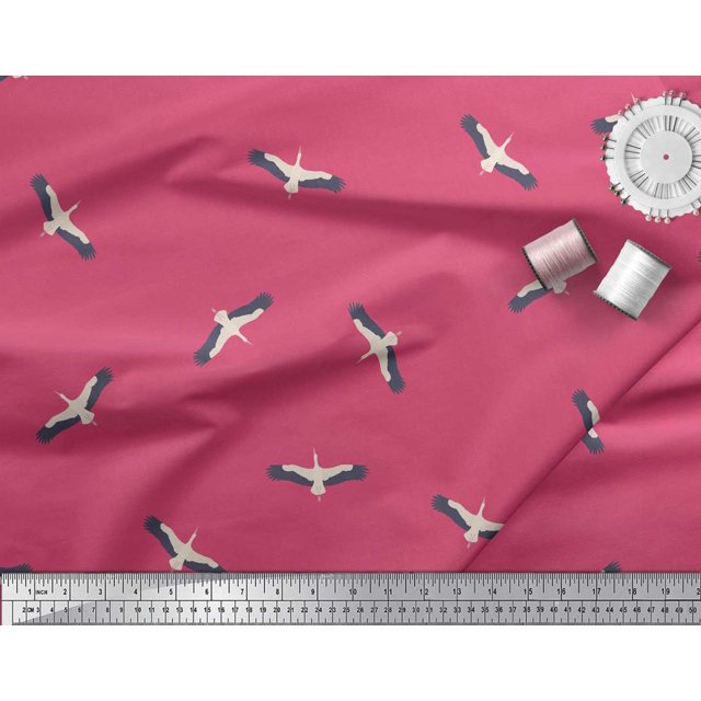 Soimoi Pink Poly Georgette Fabric Flying Stork Bird Print Sewing Fabric Yard 52 Inch Wide