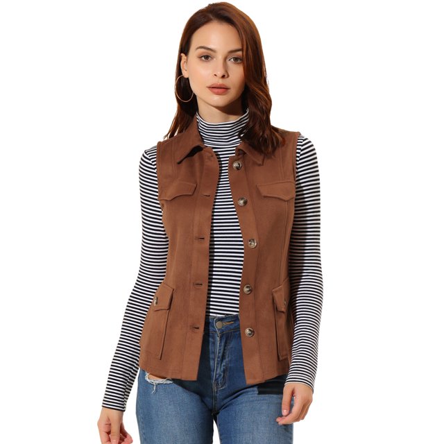 INSPIRE CHIC Veste Cargo Utilitaire pour Femme Sans Manches à Boutons devant en Faux Suède avec Poches TG Brun