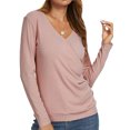 thumbnail image 4 of Women Wrap Front Side Buttons Long Sleeve V Neck Plain Shirt, 4 of 6