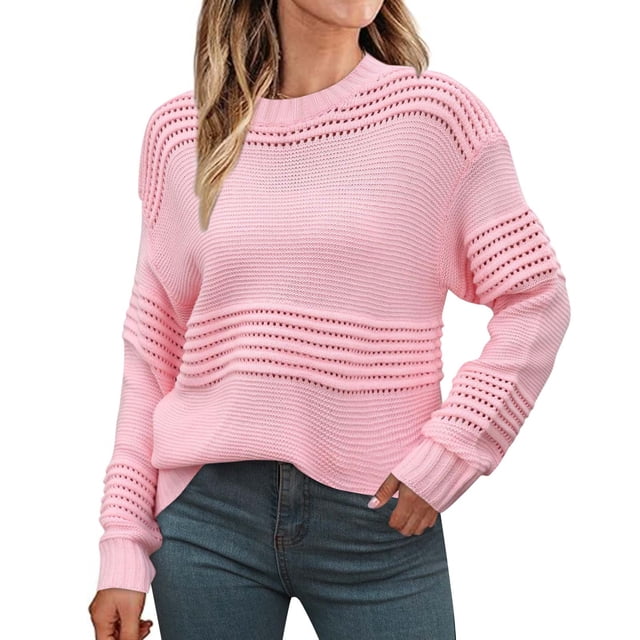 Besolor Chandails pour Femmes Col Ras du Cou Manches Longues Hauts en Tricot Ajourés Décontractés Amples Chandails à Enfiler Tenues d'Automne
