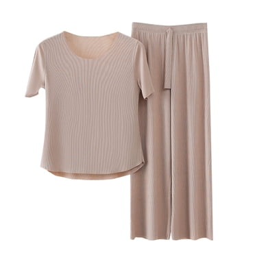 cfhntfmh Ensemble de Pyjama pour Femmes 2 Pcs, Haut à Manches Courtes Col Ras du Cou avec Pantalon de Pyjama Long, Tenue de Nuit Douce, Ensembles de Pyjama, Ensembles de Détente pour Femmes