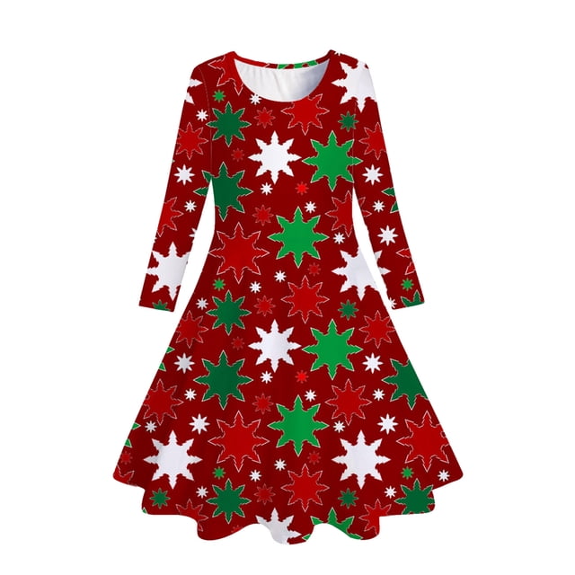 WEAIXIMIUNG Robe Jupe Plissée Mini Enfants Tout-Petits Filles Imprimé Sapins de Noël Cerfs Robe de Fête de Noël à Manches Longues