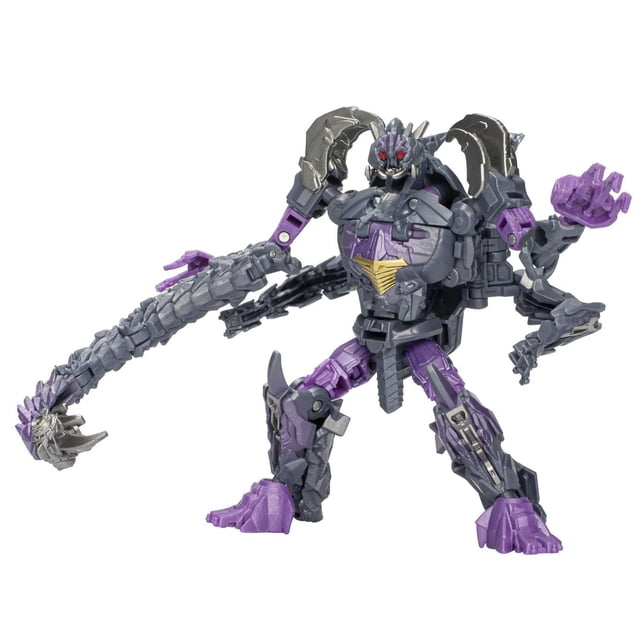Transformers Studio Series Deluxe Transformers: Rise of the Beasts 107 Predacon Scorponok action figure in robot mode, featuring articulated limbs, detailed purple and gray armor with red eyes, and an extended scorpion tail accessory, posed on a white background.