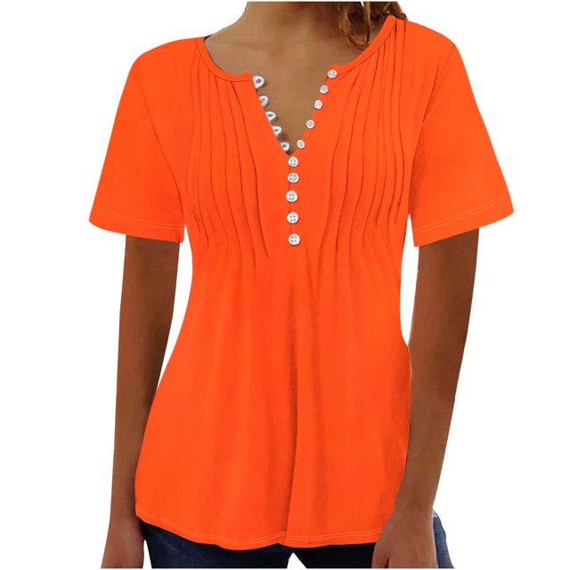 Blouses for Women Womens Printed V-neck Button Up Short Seeved Top