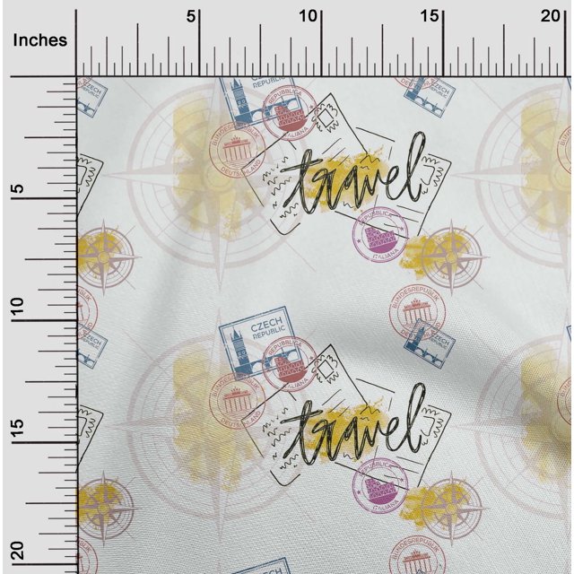 oneOone Silk Tabby Yellow Fabric Stamps & Direction Compass Travel Sewing Craft Projects Fabric Prints By Yard 42 Inch Wide