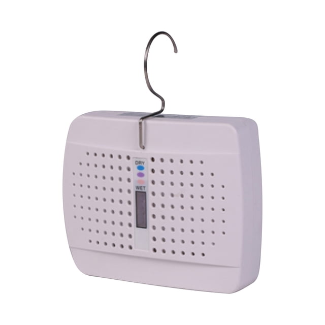 Small Household Mini Dehumidifier, Recyclable Rechargeable Dehumidifier with a compact design featuring a perforated front panel, a visible humidity indicator, and a metal hook for hanging. Renewable and rechargeable, suitable for spaces up to 333 square feet. Ideal for cars, closets, cabinets, and gym bags.