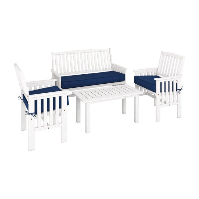 CorLiving Miramar Ensemble de Chaise d'Extérieur en Bois Franc et Table Basse avec Cadre en Bois Franc à Lattes Blanc, Coussins en Mousse Épaisse Bleu Marine sur Deux Fauteuils et un Banc, et une Table Basse à Lattes Conçue pour Empêcher l'Accumulation d'Eau, Convient aux Espaces de conversation de patio Extérieur.