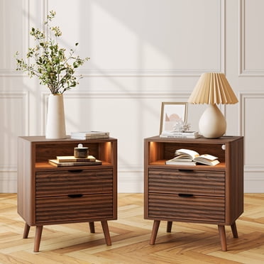 GUNAITO Fluted Nightstand Set of 2 for Bedroom with Charging Station Bedside Table with LED Lights Wood Nightstand with Open Shelf and 2 Drawers Walnut