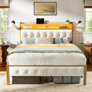 GUNAITO Cadre de Lit Pleine Grandeur avec Tête et Pied de Lit de Rangement en Cuir PU, Lit Plateforme Rembourré avec Lumières LED, Ports USB et Prises, Blanc