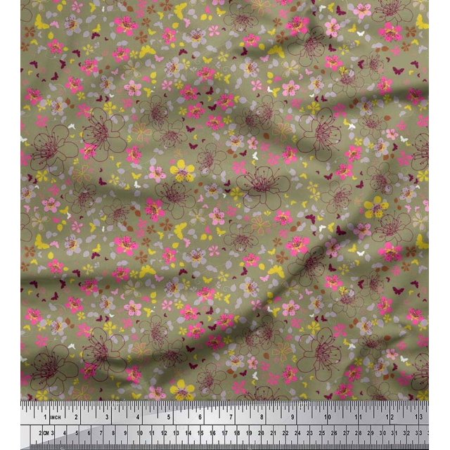 Soimoi Rayon Fabric Leaves,Butterfly & Flower Floral Fabric Prints By Yard 42 Inch Wide