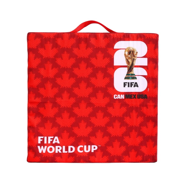 FIFA Team Canada Stadium Cushion, 15" x 15", red with repeating maple leaf pattern and official FIFA World Cup 2026 logo featuring the trophy and CAN MEX USA host branding, foam padded with a carry handle, ideal for stadium seating or outdoor events.