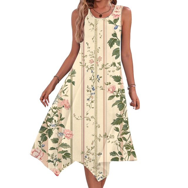 Ovzne Robes pour Femmes Robe de Plage Robes pour Femmes Sans Manches Col Rond Cordon Décontracté Volant Robe Trapèze Mini Robe pour Femmes Imprimée Liquidation