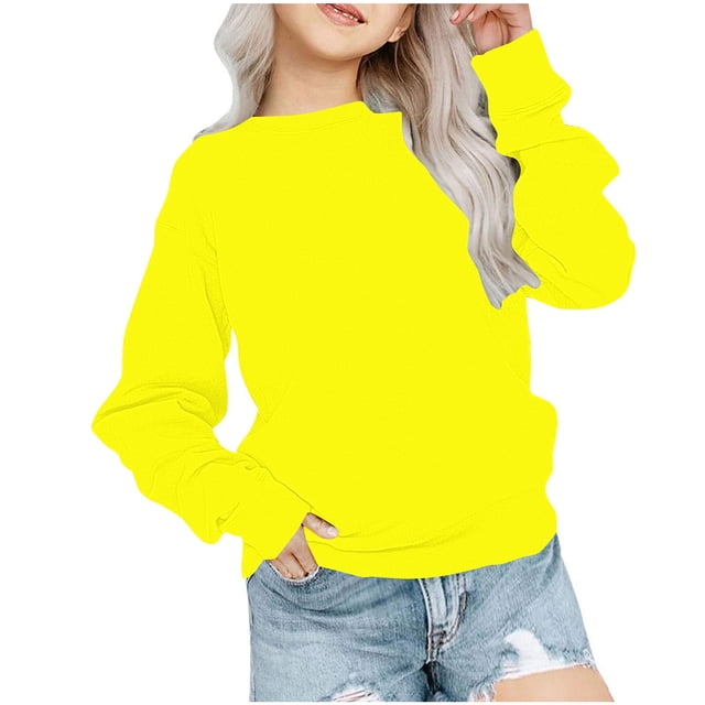 RXIRUCGD Chandail en Molleton Décontracté pour Petites et Grandes Filles, Couleur Unie, Col Rond, Manches Longues, Tunique Ajustée, Pulls Mode Automne, Chandail en Molleton Jaune pour Filles Taille 11-12 Ans