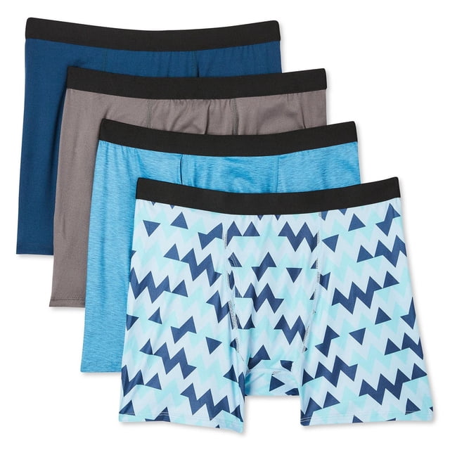 Athletic Works Men's Everyday Boxer Briefs 4-Pack including four assorted boxer briefs in solid blue, grey, light blue, and light blue with navy zigzag pattern, each with a black elastic waistband. Made from breathable, moisture-wicking polyester-spandex fabric with stretch for comfort and designed to stay in place during activity, suitable for sports or everyday wear.