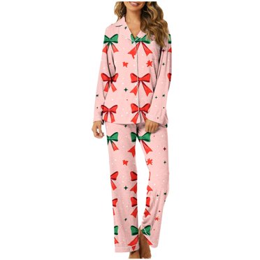 Amzcrzy Ensembles de Pyjama pour Femmes 2 Pcs Hauts à Manches Longues à Col à Revers et Pantalons Ensemble de Détente Mode Imprimé Nœud Valentines Day Pajamas Décontracté Chemise de Nuit Boutonnée
