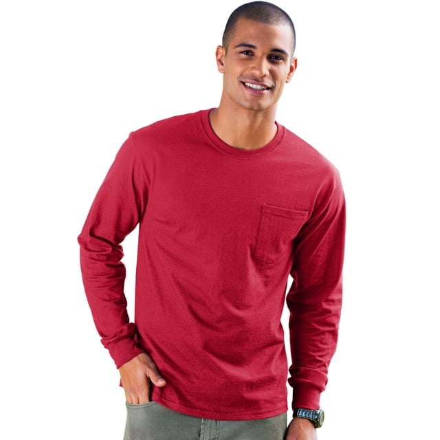 Hanes Mens TAGLESS Long-Sleeve T-Shirt with Pocket, 2XL, Deep Red
