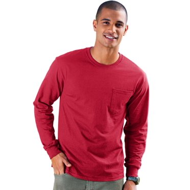 Hanes Mens TAGLESS Long-Sleeve T-Shirt with Pocket, 2XL, Deep Red