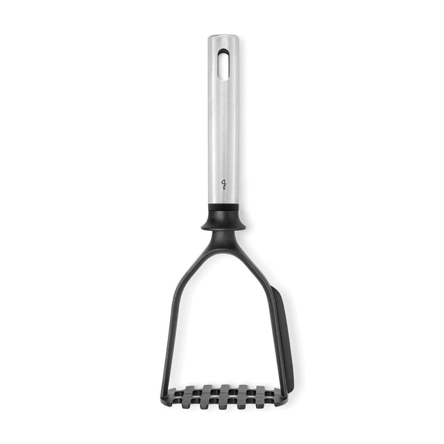 Starfrit Gourmet STEEL Potato Masher with stainless steel handle and heat-resistant nylon head featuring an integrated scraper, safe for non-stick cookware and dishwasher safe, ideal kitchen utensil for efficient food preparation.