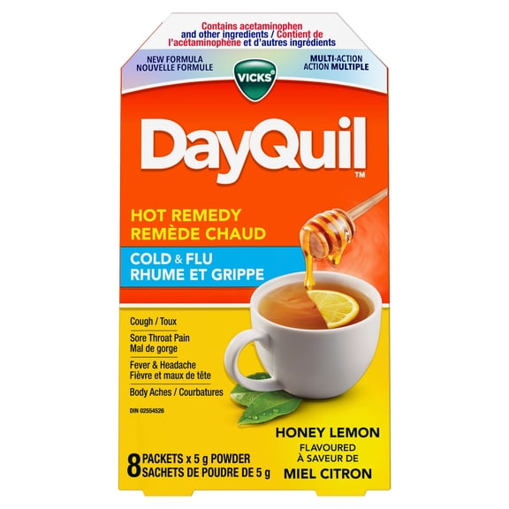 DayQuil Hot Remedy Cold & Flu Medicine, Daytime, Non-Drowsy Relief for Fever & Headache, Sore Throat Pain, Cough, Multi-Action, Honey Lemon Flavoured, 8 Powder Packets