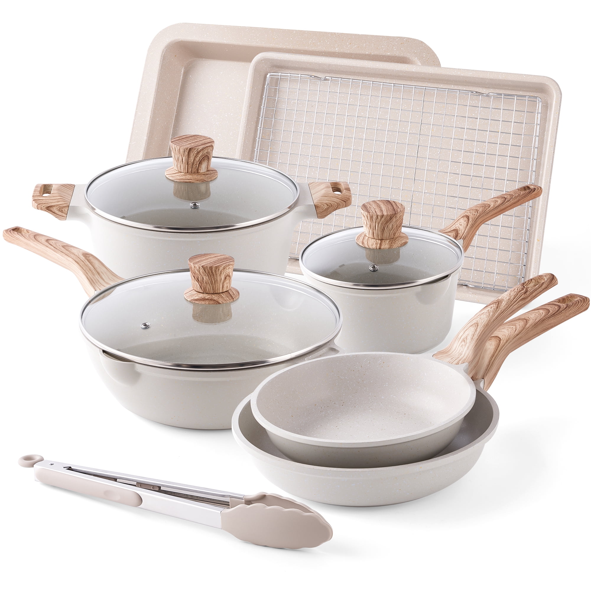 Caannasweis 13 Piece Nonstick Aluminum Cookware Set with Bakeware, Granite-Inspired