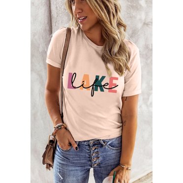 POGLIP Women's Pink LAKE Life Letter Print Crew Neck T Shirt