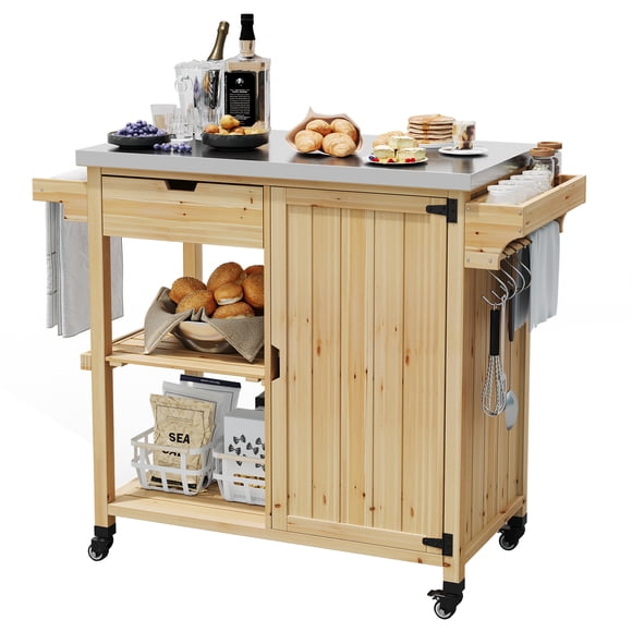 Chariot de Gril Extérieur Étanche et Îlot de Préparation de BBQ Roulant - Dessus en Acier Inoxydable, Armoire de Rangement, Tiroir, Porte-Épices, Étagères Ouvertes et Roues - Chariot de Bar de Patio Portable, Bois Robuste