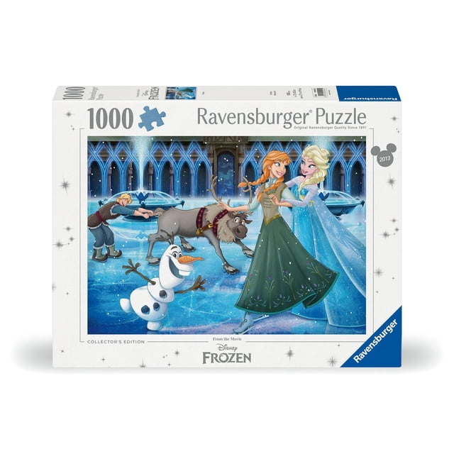 Ravensburger la Reine des Neiges Collector's Edition Casse-Tête avec 1000 Pcs Représentant Elsa, Anna, Olaf, Kristoff et Sven Patinage sur Glace dans la Cour du Château d'Arendelle sous des arches Bleues Lumineuses, Illustrant une Scène d'Été Magique de la Reine des Neiges la Reine des Neiges.