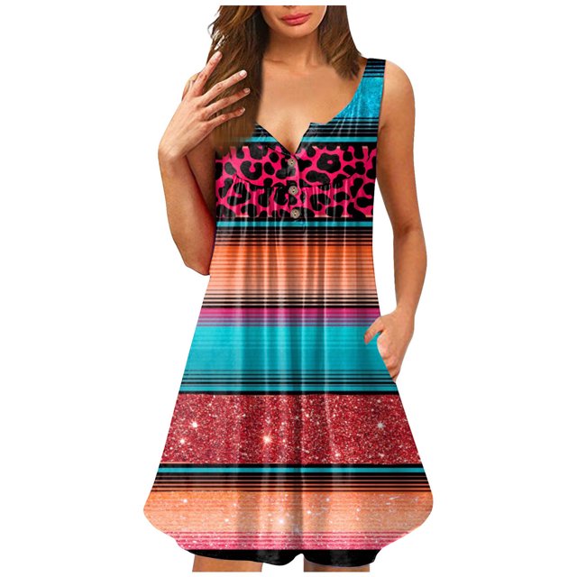 EGNMCR Robes de Fête pour Femmes Robes d'Été pour Femmes Col Rond Imprimé Sans Manches Tuniques Robes Grande Taille Robes T-Shirt